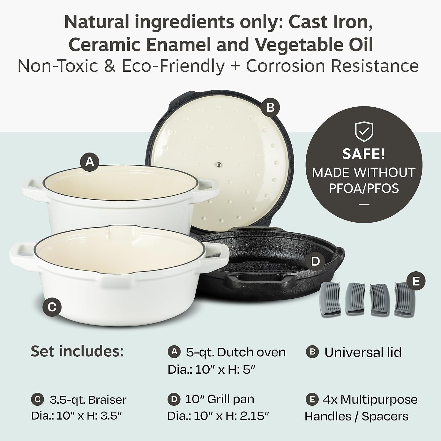 NATIVO 5pc Stackable Cast Iron Cookware Set, Versatile Enamel Dutch Oven, Seasoned Grill Pan & Enamel Braiser with Precision Pour Spouts, Universal Lid, Included Spacers/Handle Holders, White Dutch