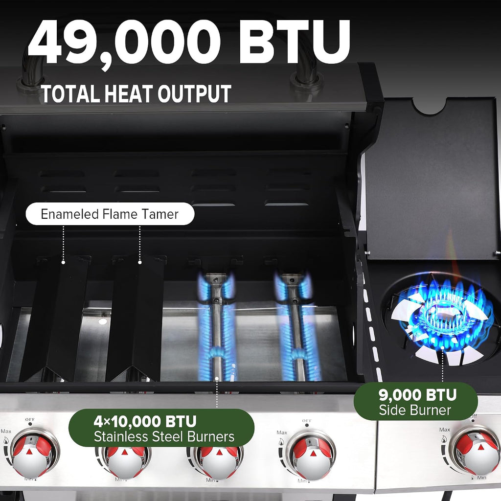 Gas and Charcoal Grill Combo with Side Burner, 4-Burner Propane Grill and Griddle Combo with Porcelain-Enameled Cast Iron Grates & Double-Wall Insulated Lid, 49,000 BTU Outdoor BBQ Grill