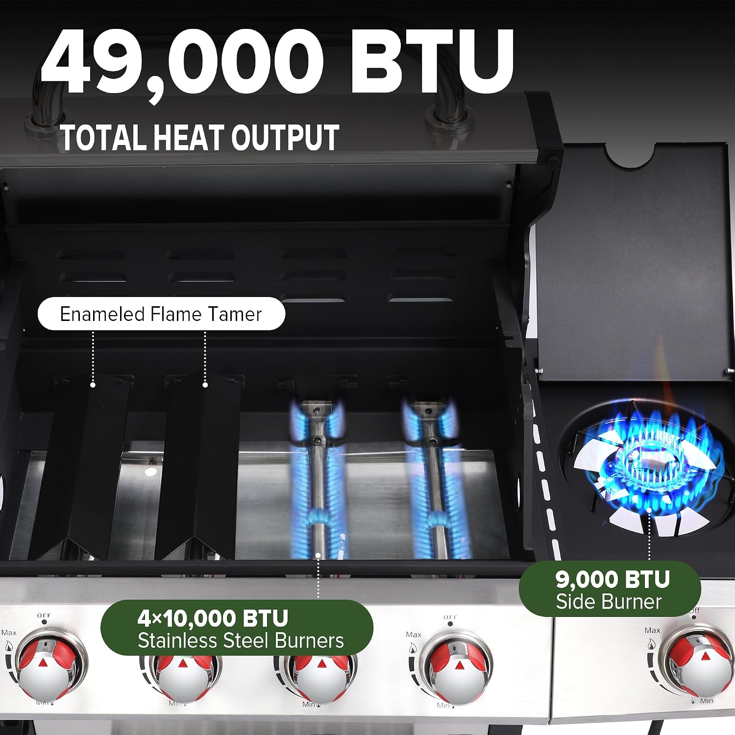 Gas and Charcoal Grill Combo with Side Burner, 4-Burner Propane Grill and Griddle Combo with Porcelain-Enameled Cast Iron Grates & Double-Wall Insulated Lid, 49,000 BTU Outdoor BBQ Grill