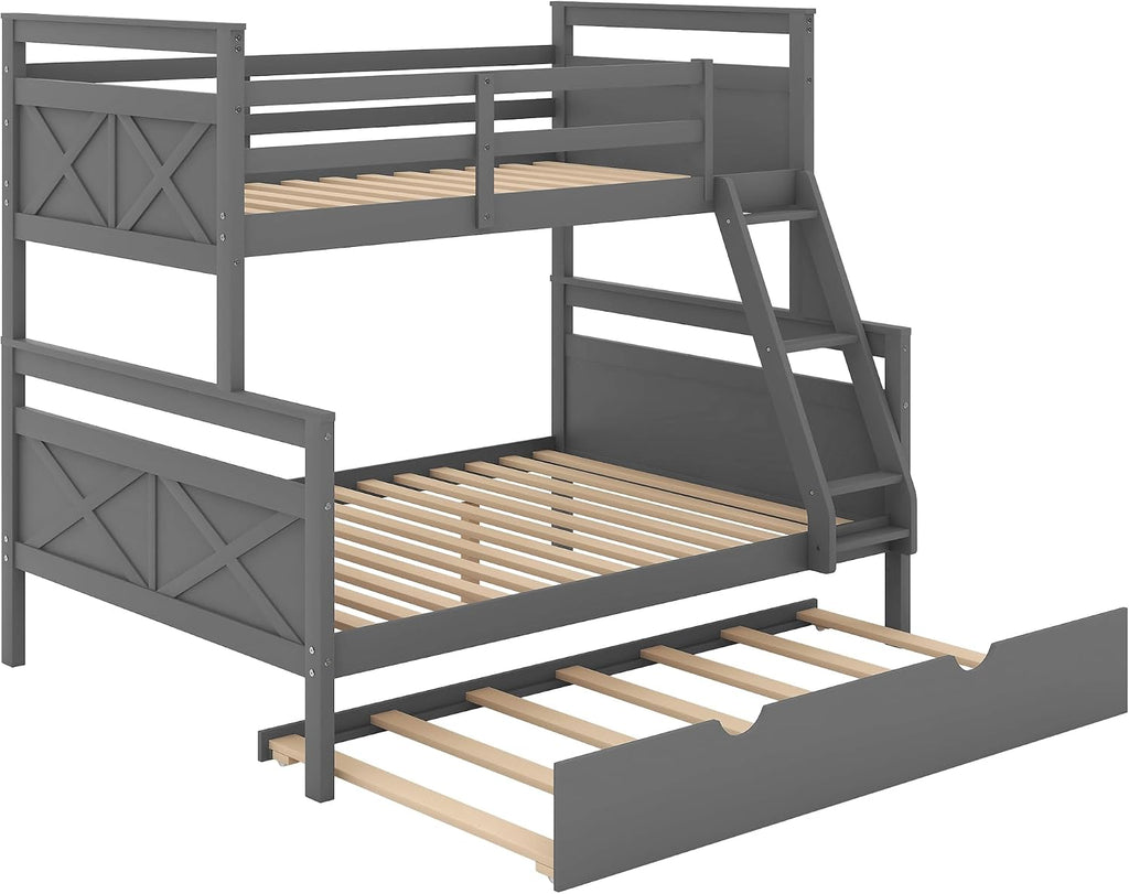Twin Over Full Bunk Bed with Ladder and Twin Size Trundle,Bedroom Wood Bed Frame W/Safety Full-Length Guardrail,No Box Spring Required,for Kids Teens Girls Boys,Gray
