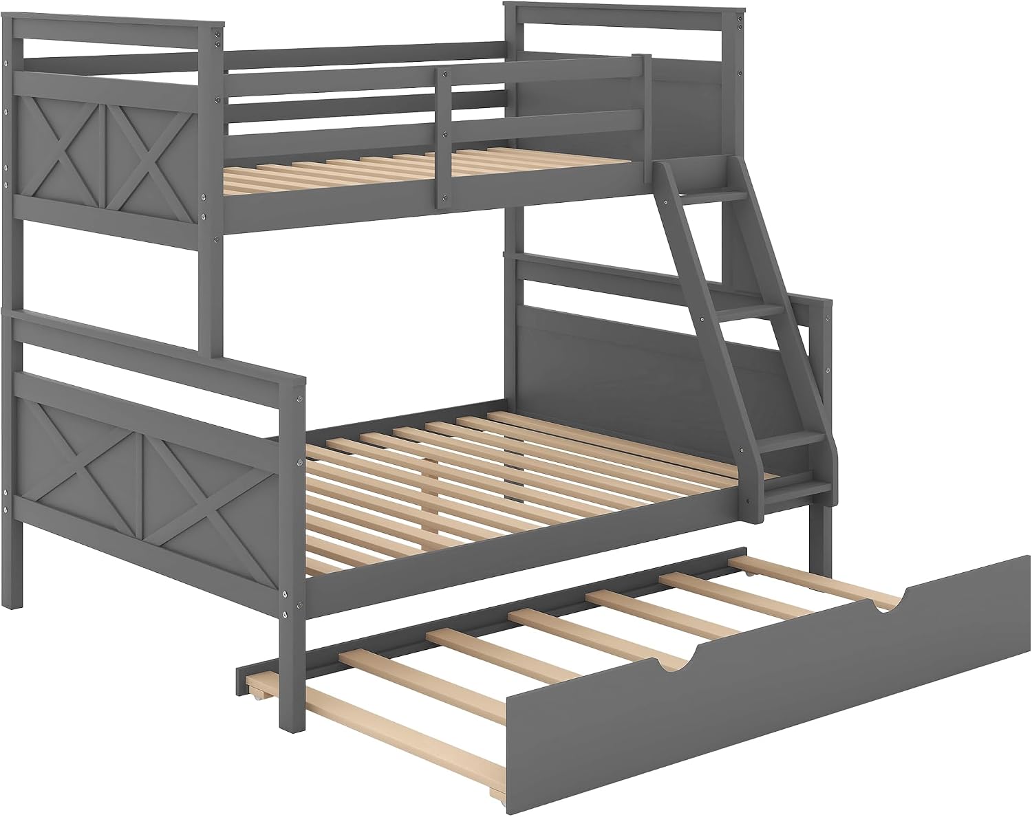 Twin Over Full Bunk Bed with Ladder and Twin Size Trundle,Bedroom Wood Bed Frame W/Safety Full-Length Guardrail,No Box Spring Required,for Kids Teens Girls Boys,Gray