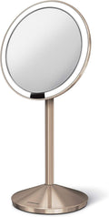 simplehuman Sensor Mirror, Travel Makeup Mirror with Lights, 10X Magnification, Lighted, Round, Free Standing, 5', Rose Gold Stainless Steel