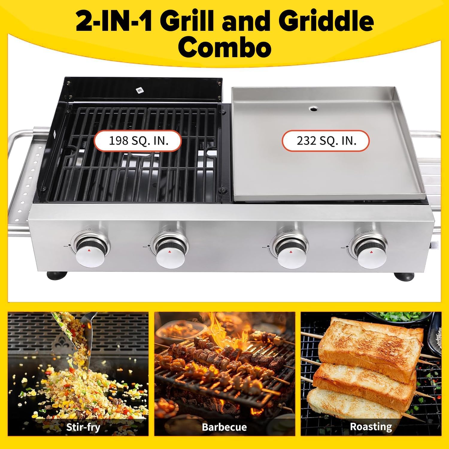 CIG GARDEN 2-Burner Propane Gas Grill & Plancha Combo, 38,200 BTU Outdoor BBQ with Cast Iron Grates - Portable Grill for Backyard, Balcony, Camping