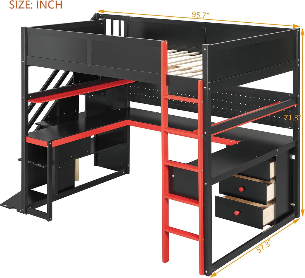 Ball & Cast Gaming Full Size Loft Bed with Storage Stairs,Wood Gamer Loft Bed Frame W/Desk,Shelves and Pegboard,High Loft Bed W/Full-Length Guardrail,Bedroom Furniture for Student Dorms,Black+Red