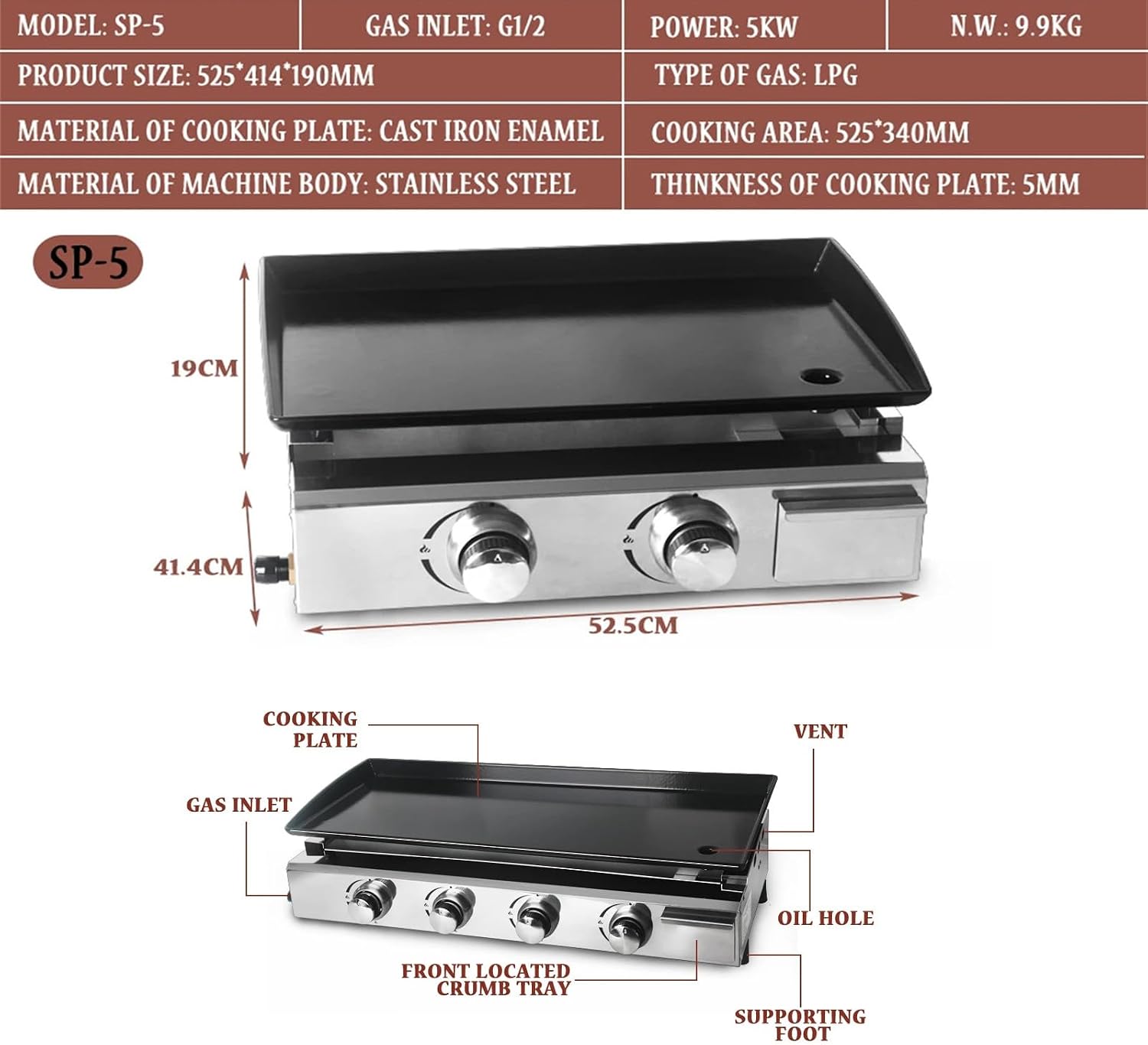 2/3/4 Burner Table Top Gas Grill Griddle, Burners Gas Griddle, Flat Top Grill for Outdoor Cooking While Party, Picnicking Or Camping,2Burner