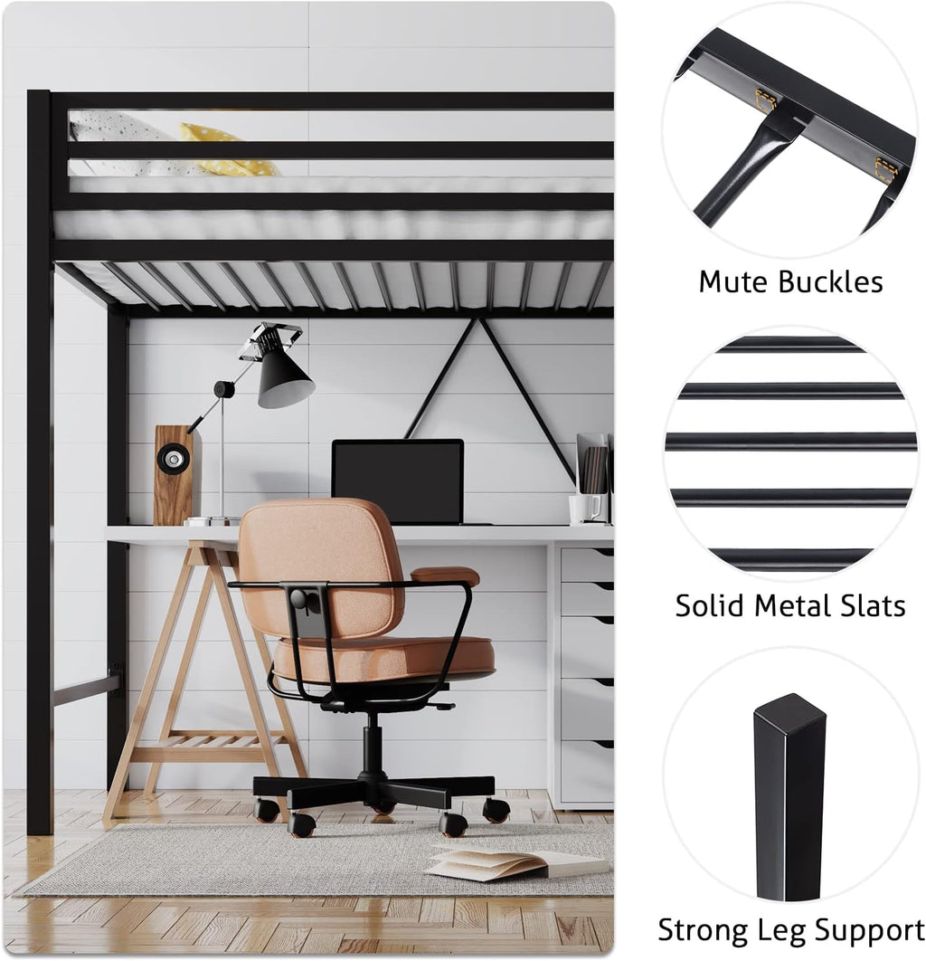 SHA CERLIN Loft Bed Twin Size with Ladder and Guardrail,Heavy Duty Metal Slats Support No Box Spring Needed Small Space Saving Furniture for Bedroom Dorm,Black