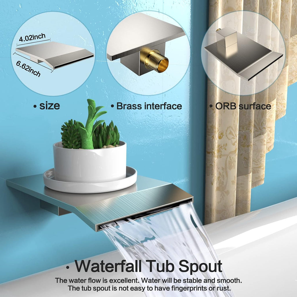 Rain Shower System 12 inch Shower Faucet Set with Tub Spout,Bathroom Wall Mounted Waterfall Shower Head Faucet Sets Complete with Handheld Spray,Rough-in Valve Body and Trim kit,Brushed Nickel