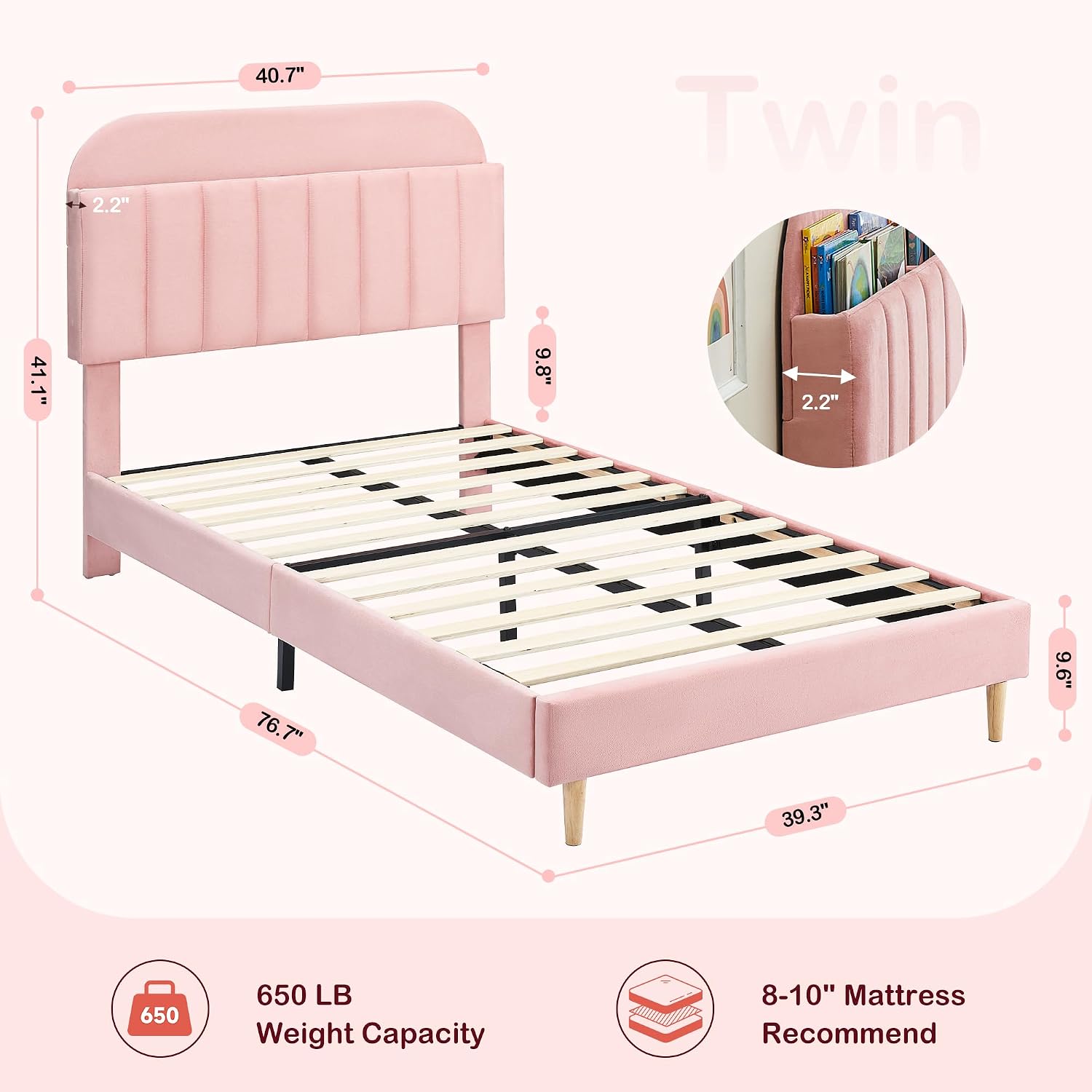 IDEALHOUSE 2PCS Twin Bed Frames, Upholstered Platform Bed Frame with Bookcase Headboard, Velvet Platform Bed Mattress Foundation, Heavy Duty Steel Support Legs, Easy Assembly, Noise Free, Light Pink