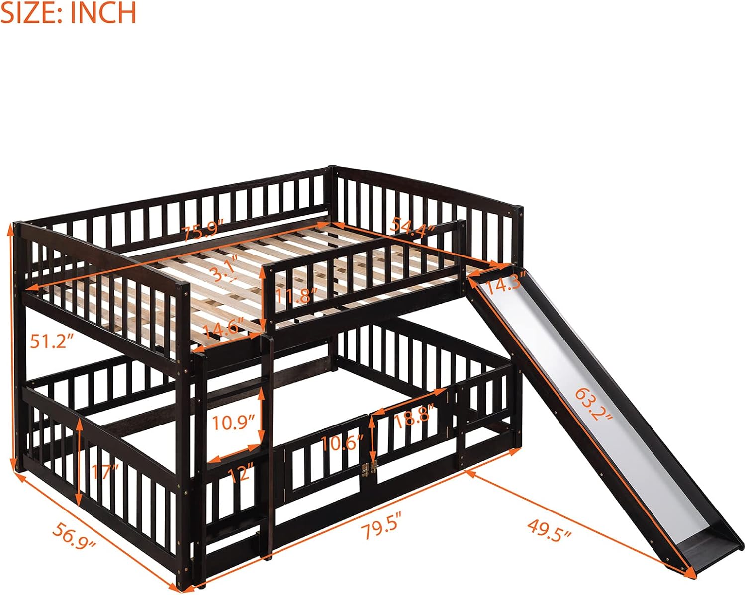 Bellemave Full Over Full Low Bunk Bed with Slide and Fence Railings Wood Floor Bunk Beds with Ladder for Kids Boys Girls Teens, Espresso