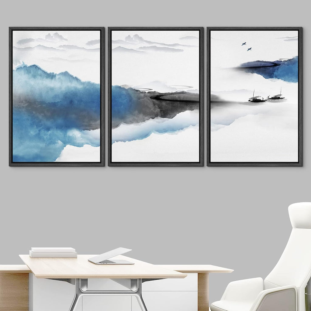 NWT Framed Canvas Print Wall Art Set Pastel Watercolor Mist Mountain Range Landscape Nature Wilderness Illustration Modern Rustic Scenic for Living Room, Bedroom, Office - 16'x24'x3 Black