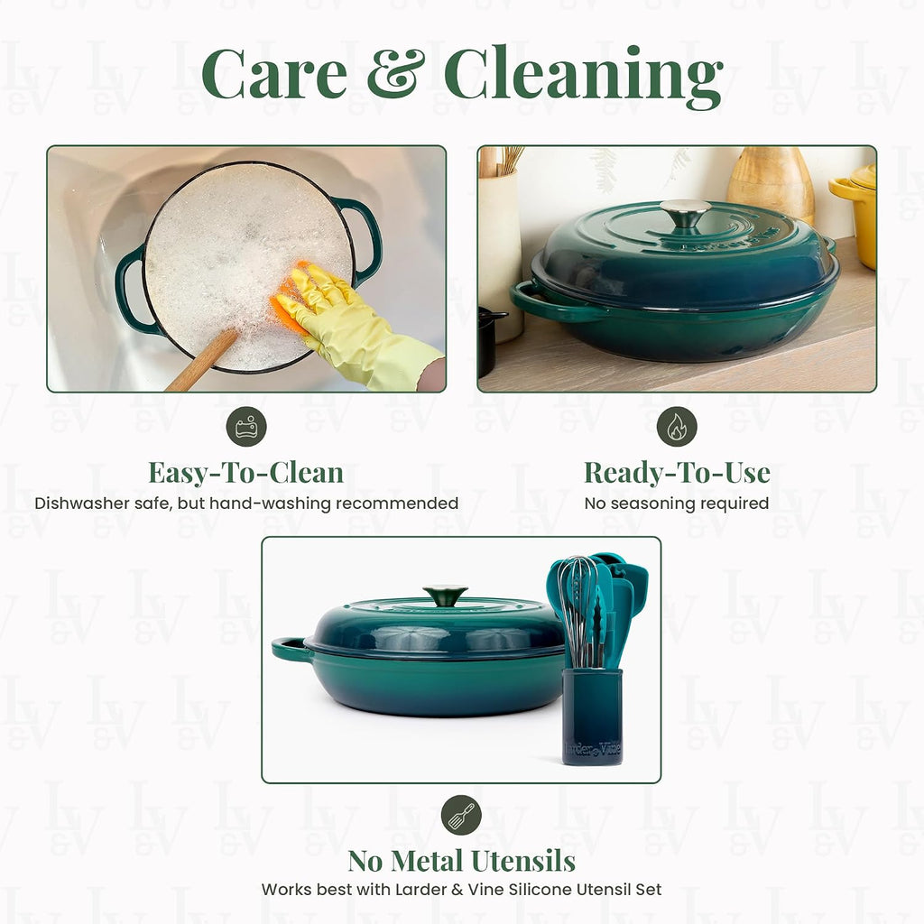 Larder & Vine Enameled Cast Iron Braiser | 3.6 qt Braiser Pan with Lid | Shallow Dutch Oven Compatible on All Cooktops | Casserole Dish Oven Safe to 500° F | Dual Handles | Bondi
