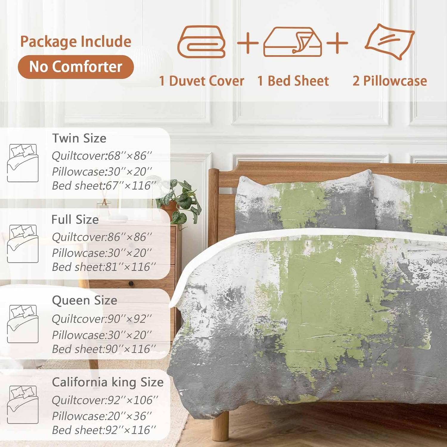 Abstract Art Duvet Cover Set Queen Size 4 Pieces Green Grey Wall Mottled Texture Minimalist Modern Bedding Set with Zipper Closure, 1 Comforter Cover 86x86 Inches 1 Flat Sheet & 2 Pillow Cases