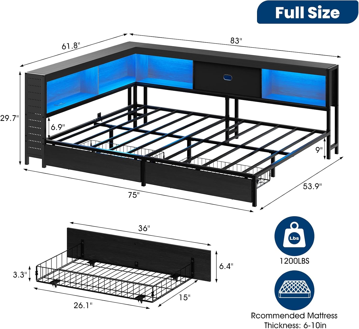 Corner Full Bed Frame with Storage Drawer & Bookcase Headboard, Full Size Metal Platform Bed Frame with Charging Station and LED Light, Full Daybed Multi-Storage for Kids Teens Guest, Black