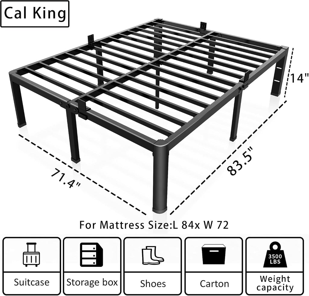 ROIL 14 inch California King Size Bed Frame Metal Platform No Box Spring Needed with Headboard Hole Round Corner Legs Mattress Retainers 3500LBS Heavy Duty Steel Slats Noise-Free Storage