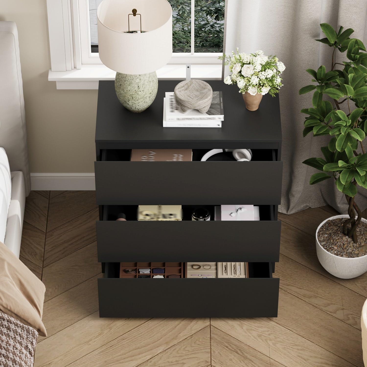 Bed Side Tables Bedroom Set of 2, Mid Century Modern Night Stand with Drawers for Bedroom, 30.3'W Bedside Tables with Drawers and Concealed Handle, Bedside End Tables for Living Room, Black