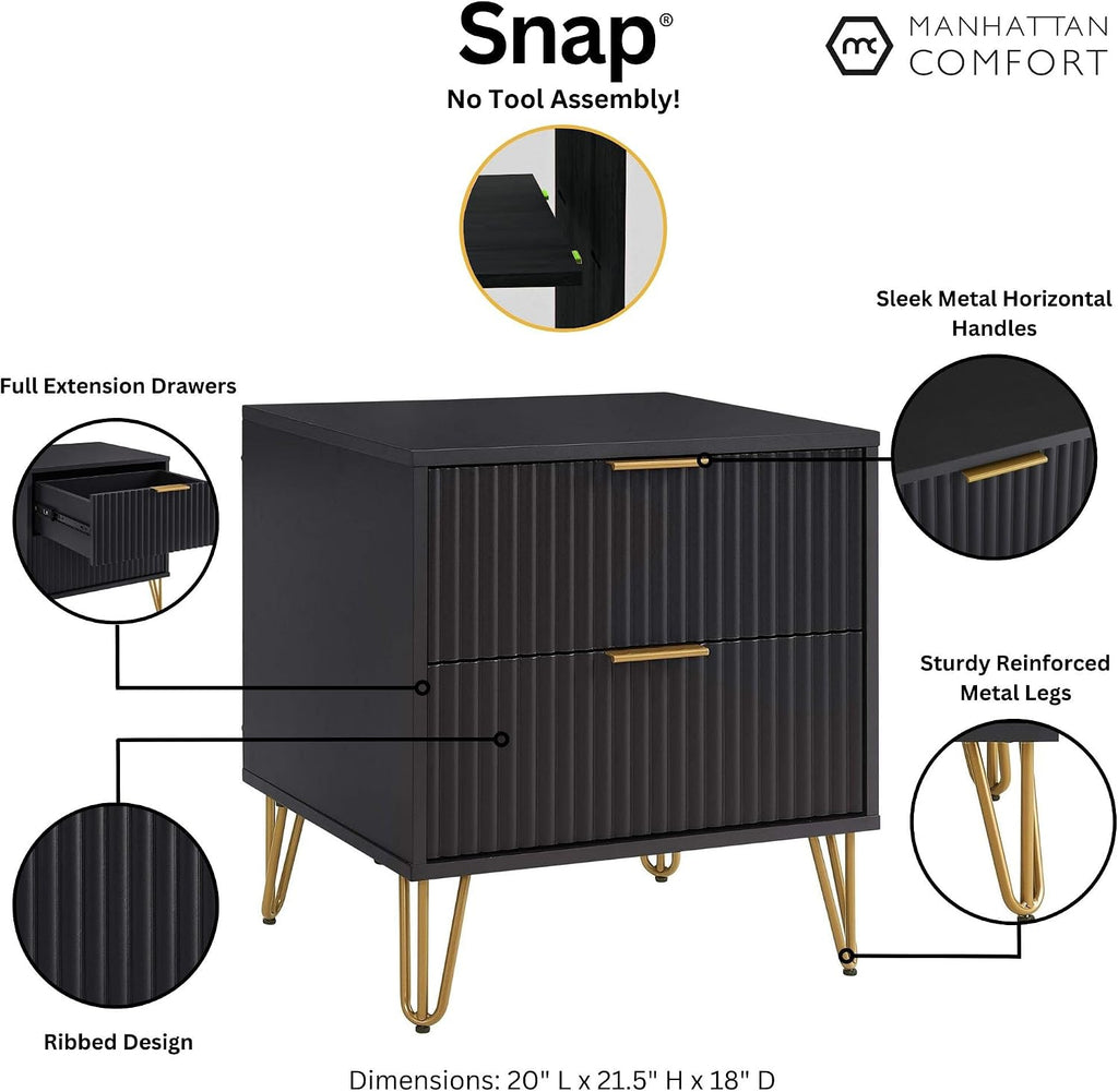 Manhattan Comfort Dumbo Modern Nightstand 2.0 with 2 Metal Feet | Splayed Gold Legs | Vertical Ribbed Design | No Tool Assembly Storage for Bedroom, Set of 2, Black