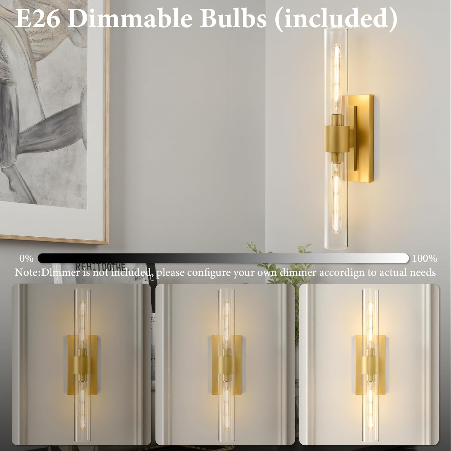 Champagne Brass Bathroom Wall Sconce - Set of 2 Modern Gold Light Sconces - Clear Glass Tube Vanity Lights - Vertical or Horizontal Mounted Dimmable Lighting Fixtures for Indoor Living Room Hallway