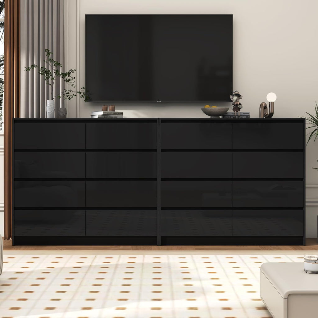 jiteentarou Black Malm High Gloss Dresser for Bedroom, 47' Wide 41' Tall Dresser with 8 Drawers, Modern Large Wood Chest of Drawer Handle Free, Living Room, Entryway, Hallway, Black