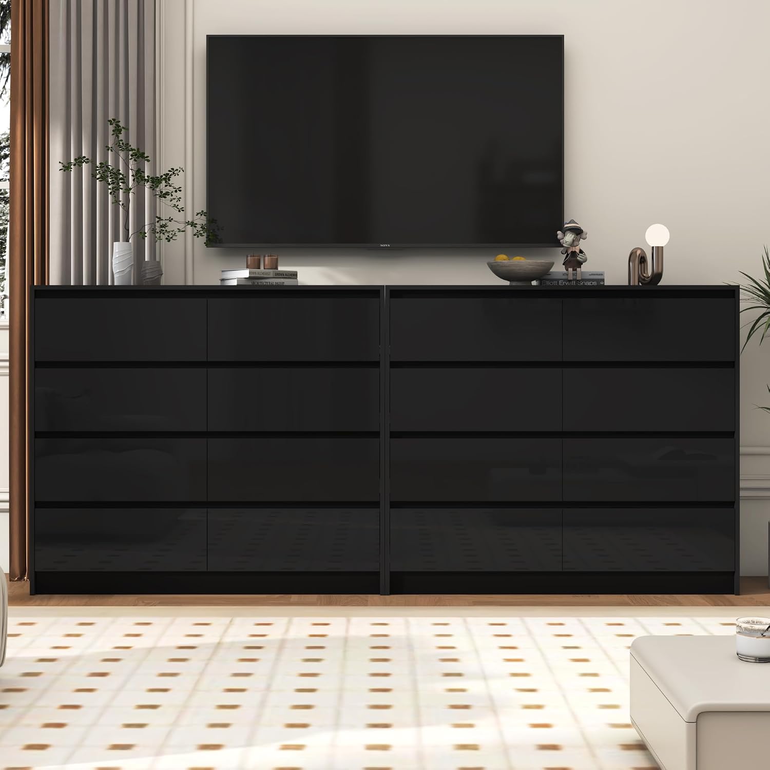 jiteentarou Black Malm High Gloss Dresser for Bedroom, 47' Wide 41' Tall Dresser with 8 Drawers, Modern Large Wood Chest of Drawer Handle Free, Living Room, Entryway, Hallway, Black