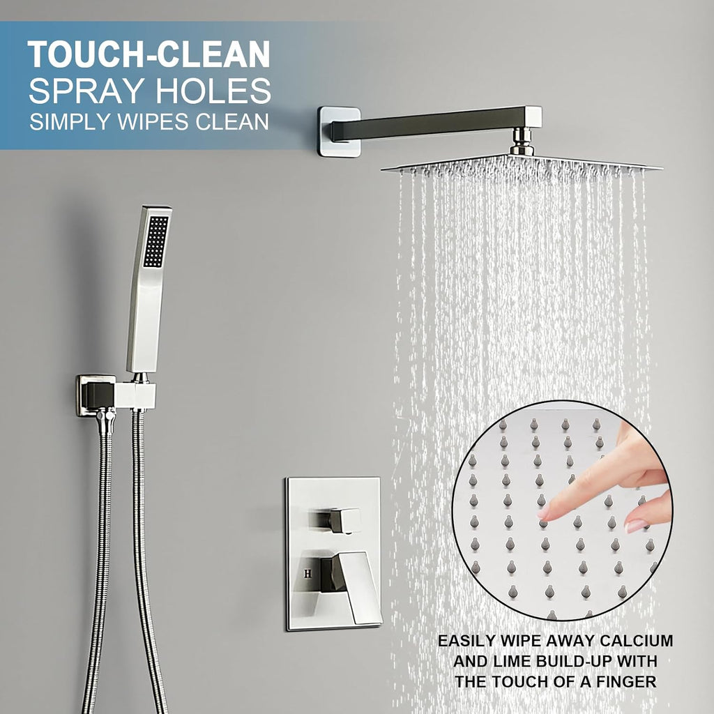 AVSIILE Shower Faucet Set with Tub Spout, Brushd Nickel Rain Shower Mixer Valve and Trim Kit System with Base Complete, Rainfall Modern Shower Head and Handheld Handle Set Combo for Bathroom, 10 Inch