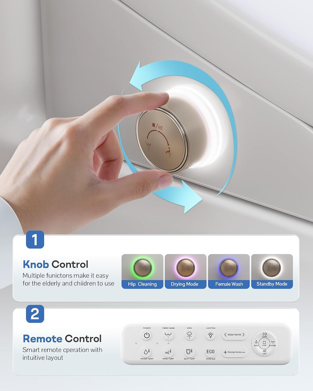 Elongated Smart Bidet Toilet Seat – Heated Seat, Instant Ceramic Water Heating, Warm Air Dryer, Wireless Remote, Self-Cleaning Nozzle, LED Display & Soft Night Light
