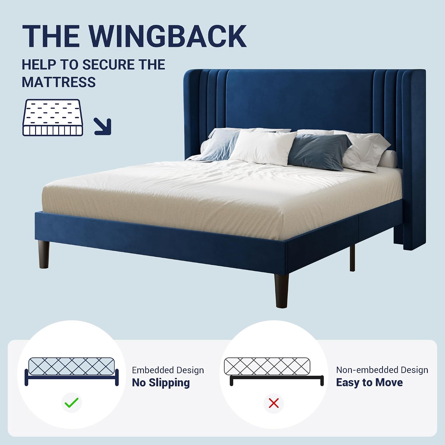 Allewie Queen Size Velvet Platform Bed Frame with Vertical Tufted Wingback Headboard, Easy Assembly, Under Bed Storage, No Box Spring Required, Modern Style, Blue
