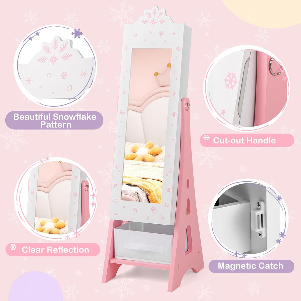 Costzon Kids Vanity & Jewelry Armoire Cabinet, Kids Vanity Table and Chair Set, Standing Jewelry Organizer with Full-Length Mirror, Kids Bedroom Furniture Set for Girls, Snowflake Print (White)