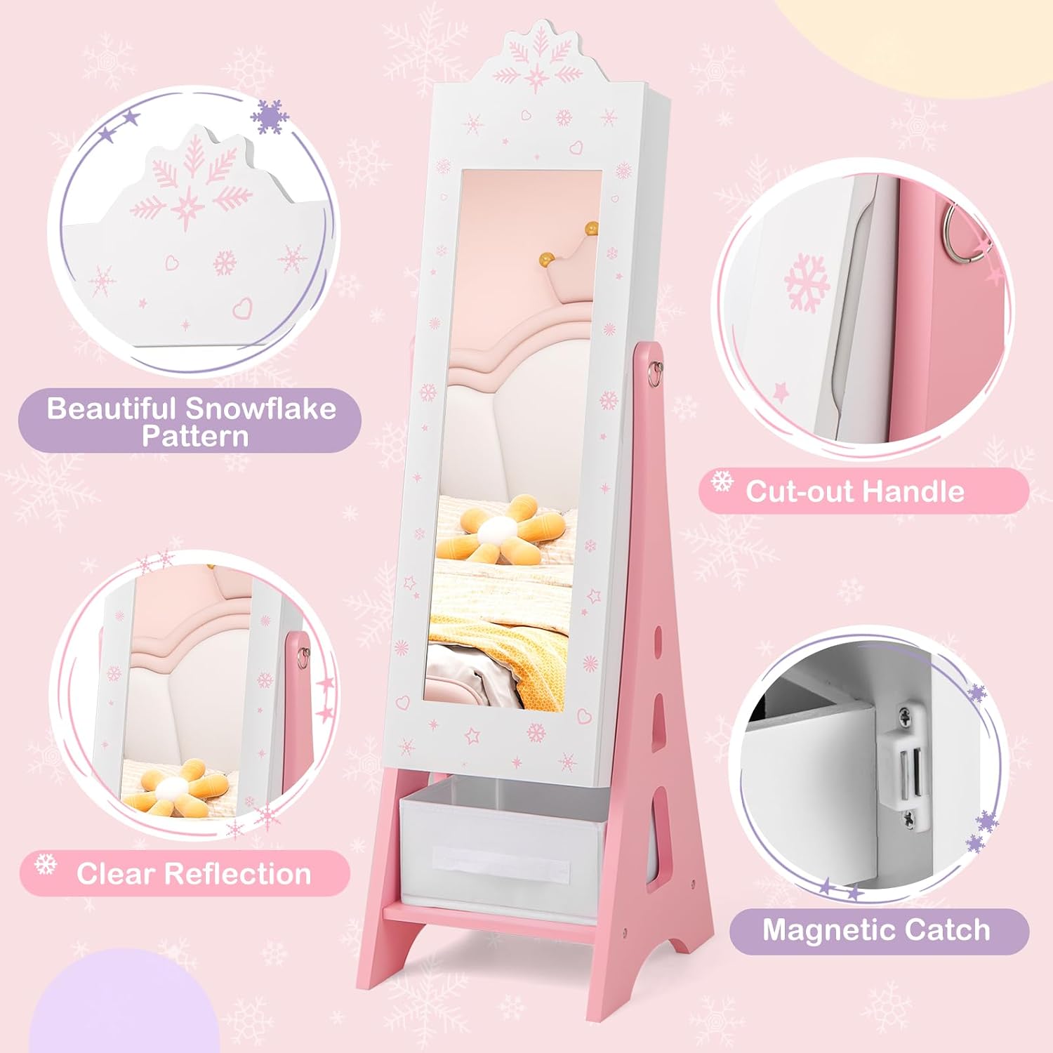 Costzon Kids Vanity & Jewelry Armoire Cabinet, Kids Vanity Table and Chair Set, Standing Jewelry Organizer with Full-Length Mirror, Kids Bedroom Furniture Set for Girls, Snowflake Print (White)