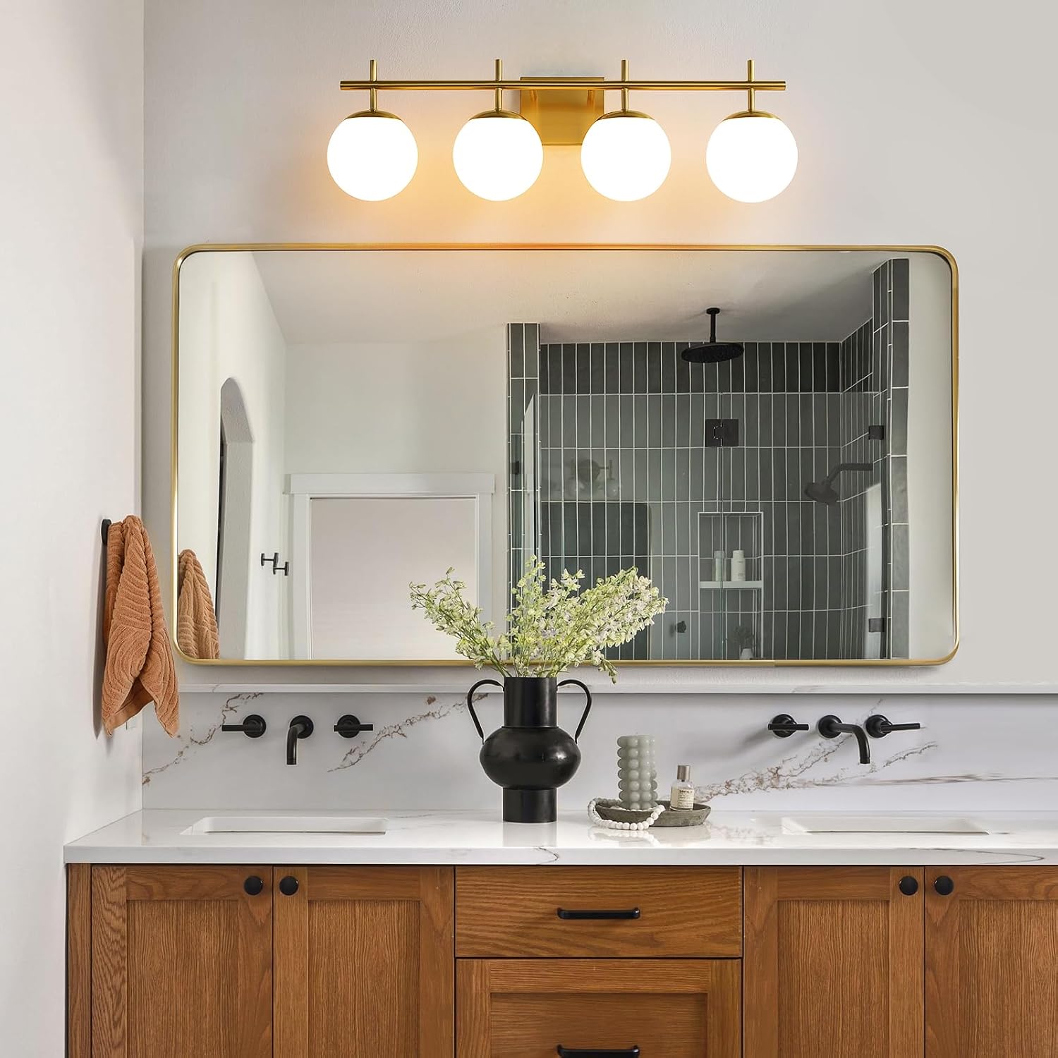 AIJIASI Bathroom Light Fixtures, 4-Light Brushed Gold Bathroom Vanity Lights Over Mirror, 30.7 Inch Modern Vanity Lighting with Milky White Glass Globe Shade Wall Sconce Lighting Bath