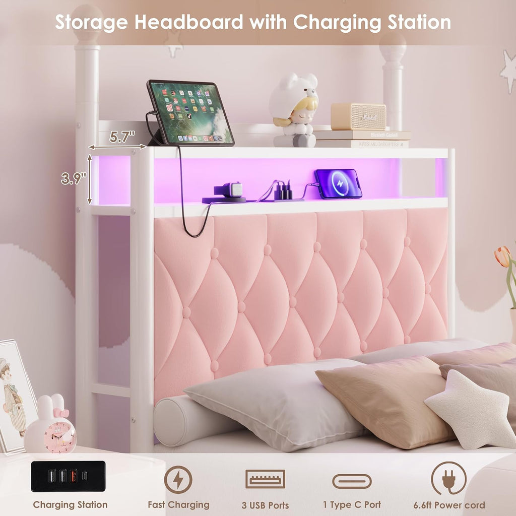 HIFIT Set of 2 Girls Twin Upholstered LED Canopy Bed Frame with Charging Station & Storage Drawer, Button Tufted Storage Headboard w/Bookshelf, Two-Use Kids Platform Bed frame w/4 Removable Post, Pink