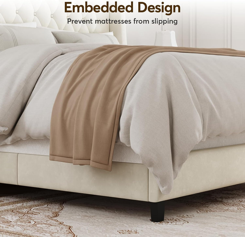 Full Bed Frame with 55' Tall Headboard, Upholstered Bed Frames, Soft Fabric, Button Tufted Headboard with Windback, Platform Bed, Noise-Free, No Box Spring Needed, Beige