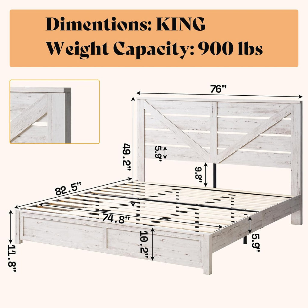 AMERLIFE King Size Bed Frame with 49.2' Barn Door Headboard and Footboard, Farmhouse Platform Bed Frame with Wood Slats, No Box Spring Needed, Under Bed Storage, Distressed White