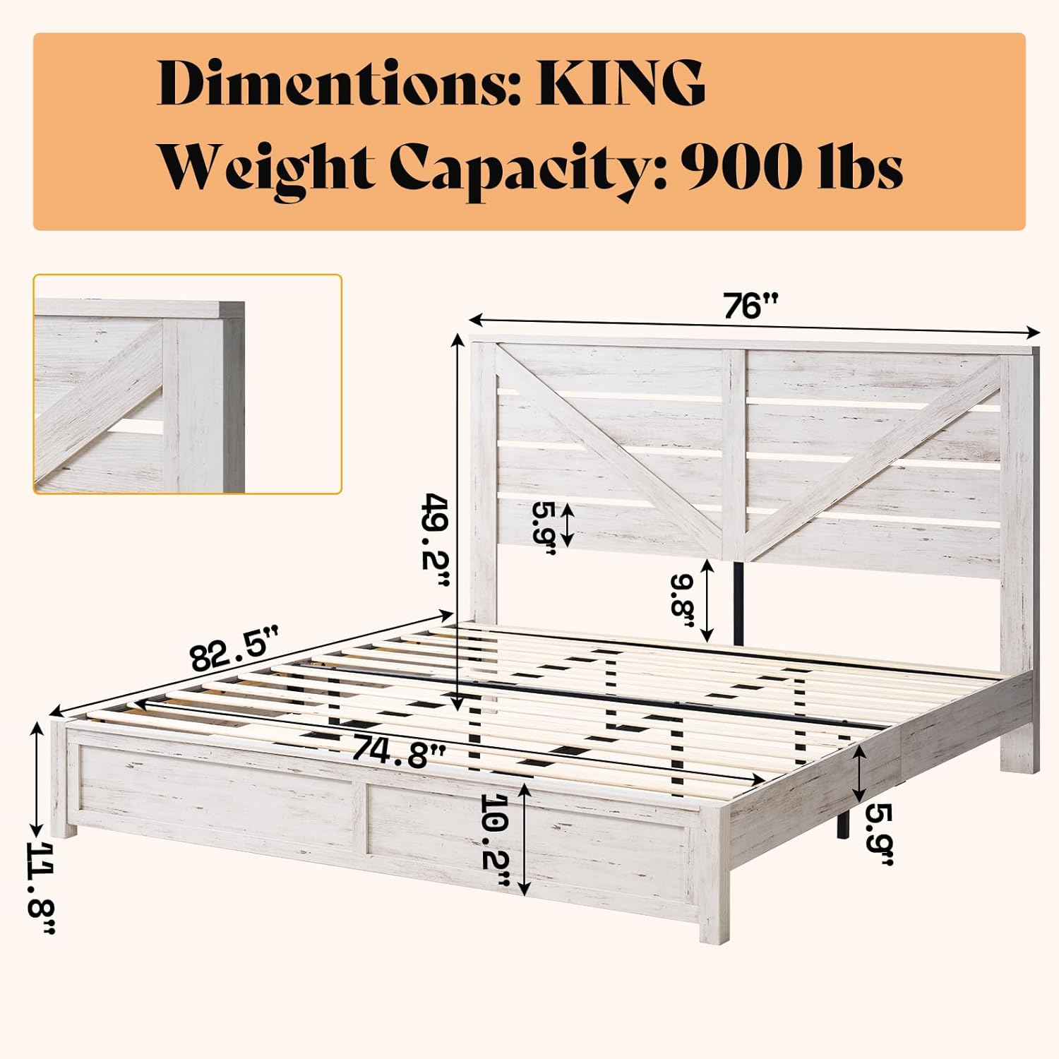 AMERLIFE King Size Bed Frame with 49.2' Barn Door Headboard and Footboard, Farmhouse Platform Bed Frame with Wood Slats, No Box Spring Needed, Under Bed Storage, Distressed White