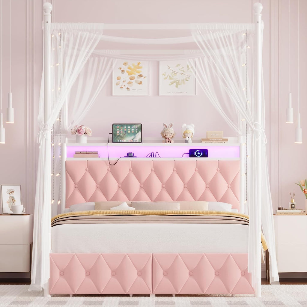 HIFIT Full Size Upholstered LED Canopy Bed Frame with Storage and Charging Station, Button Tufted Storage Headboard with Bookshelf, Two-Use Metal Platform Bed with 4 Removable Posts & 2 Drawers, Pink