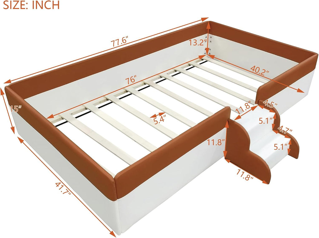 VilroCaz Twin Size Upholstered Daybed Frame with Fence and Stairs, Montessori Kids Floor Bed with Sturdy Slat Support for Kids Boys Girls (Brown+Twin)
