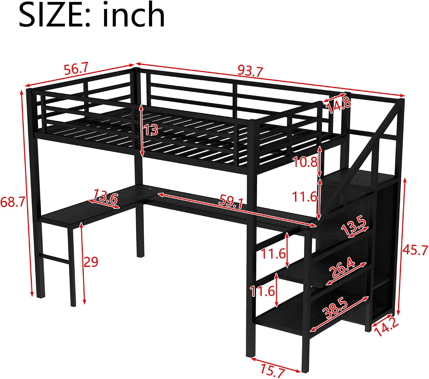 Full Size Metal Loft Bed with Desk and Wardrobe,Heavy Duty Loft Bed Frame with Storage Stairs,LED Lights and Charging Station for Kids,Teens,Adults,Space Saving,Full Size,Black