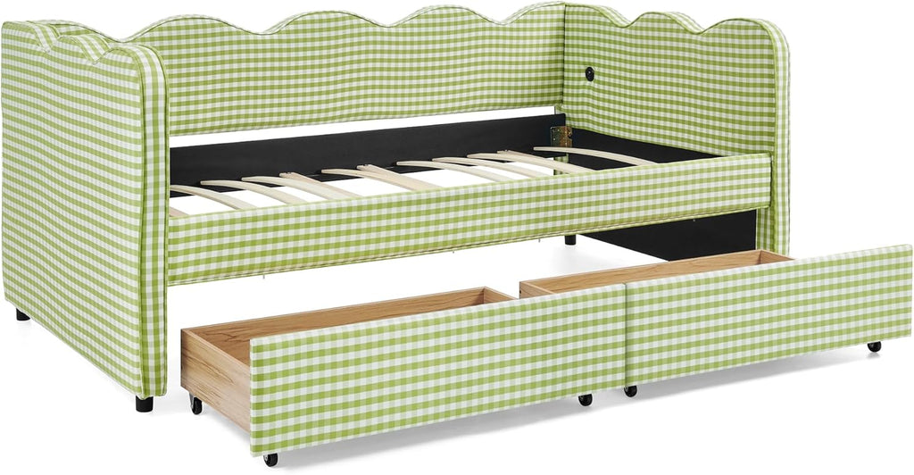 DEINPPA Twin Size Upholstered Daybed with 2 Storage Drawers, Gingham Daybed with USB Ports for Bedroom Living Room Guest Room-Green