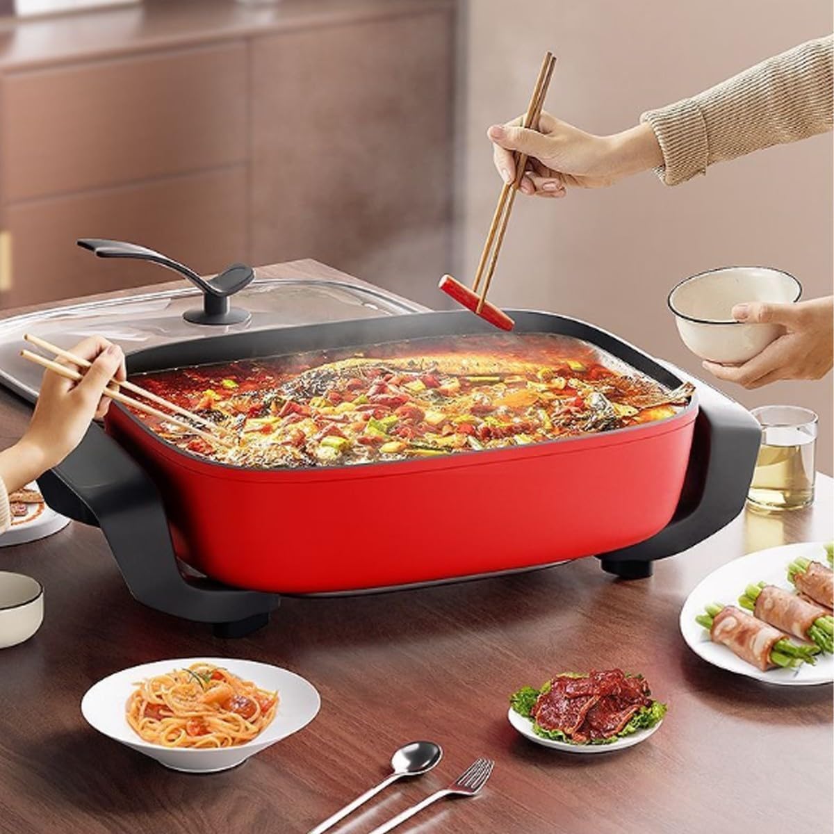Electric Flat Top Grill, Electric Griddle, Flattop Grills Indoor Safely Washable, Suitable for Frying Grilling Stir Frying(red,30 * 30 * 6)