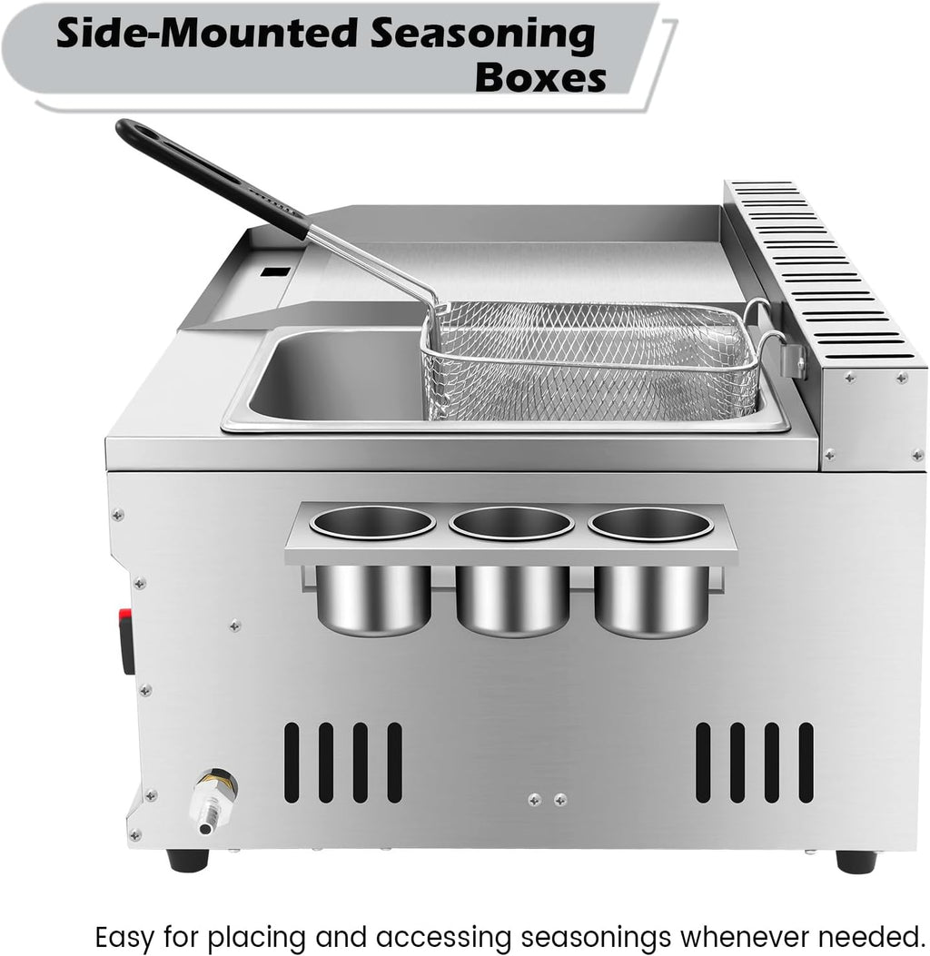 2-in-1 Commercial Propane Deep Fryer with Griddle, 6.34QT Stainless Steel Gas Propane Flat Top Grill Griddle with Removable Basket Countertop Fryer with Temperature Control for Restaurant Home Kitchen