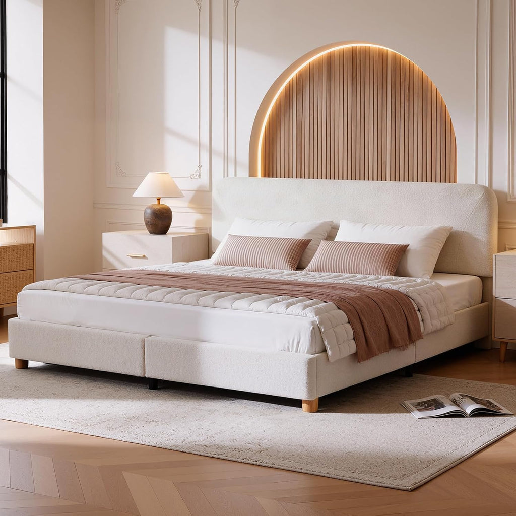 King Size Cloud Bed Frame, Upholstered Boucle Bed Frame with Adjustable Headboard, Solid Wood Legs, Rounded Corners Design & Easy Assembly – Modern Platform Bed,Cream