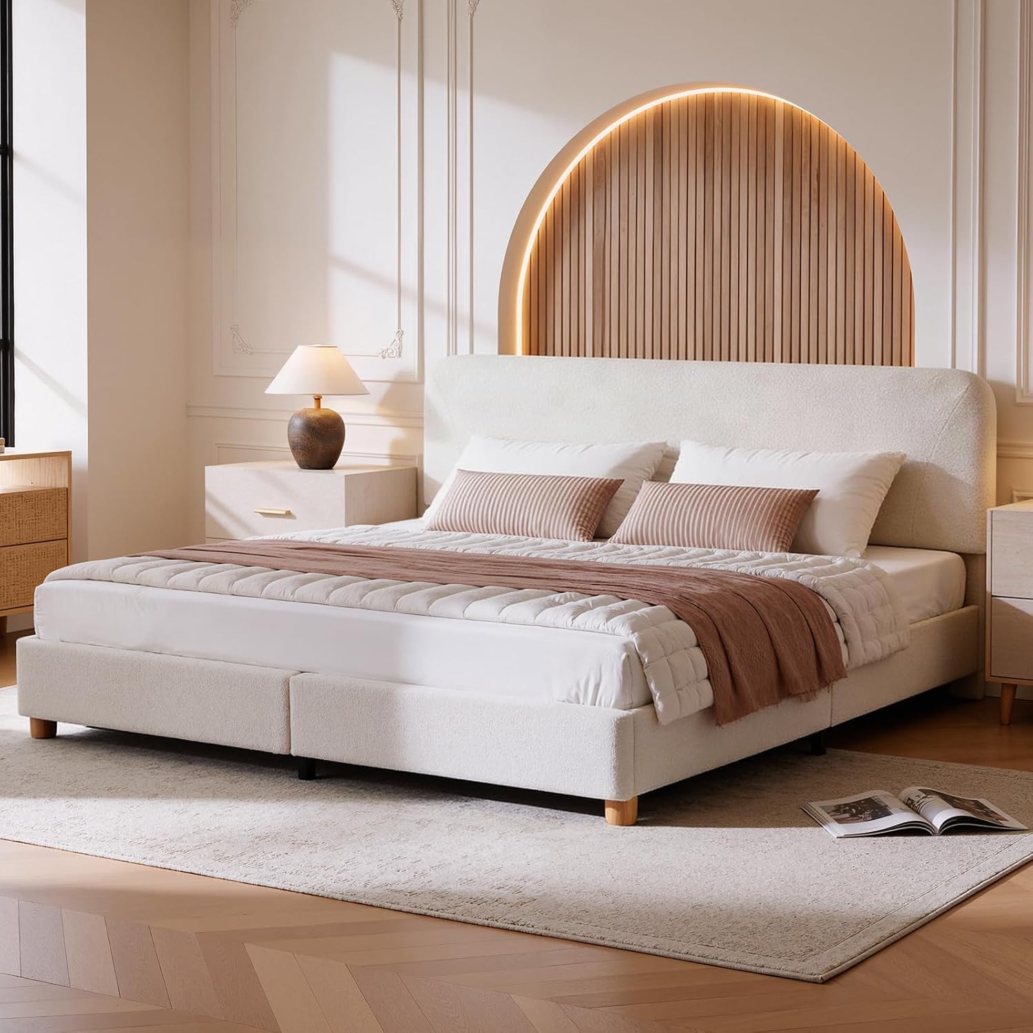 King Size Cloud Bed Frame, Upholstered Boucle Bed Frame with Adjustable Headboard, Solid Wood Legs, Rounded Corners Design & Easy Assembly – Modern Platform Bed,Cream