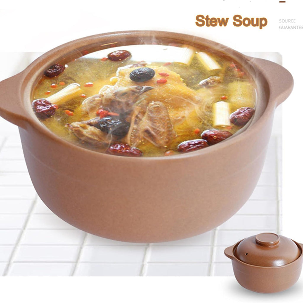 Clay Cooking Pot with Lid and Dual Handles - Round Ceramic Casserole for Soup and Stews, Uniform Heating Household Braiser Pan-Brown-0.3L/0.317Quart