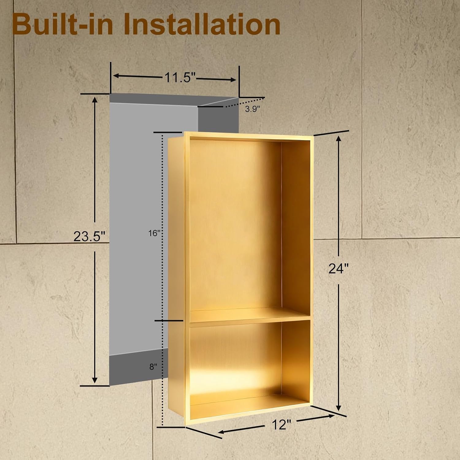 SaniteModar Shower Niche, Stainless Steel Shower Niche No Tile Needed, Recessed for Bathroom Storage (Brushed Gold, 12' x 24' D)
