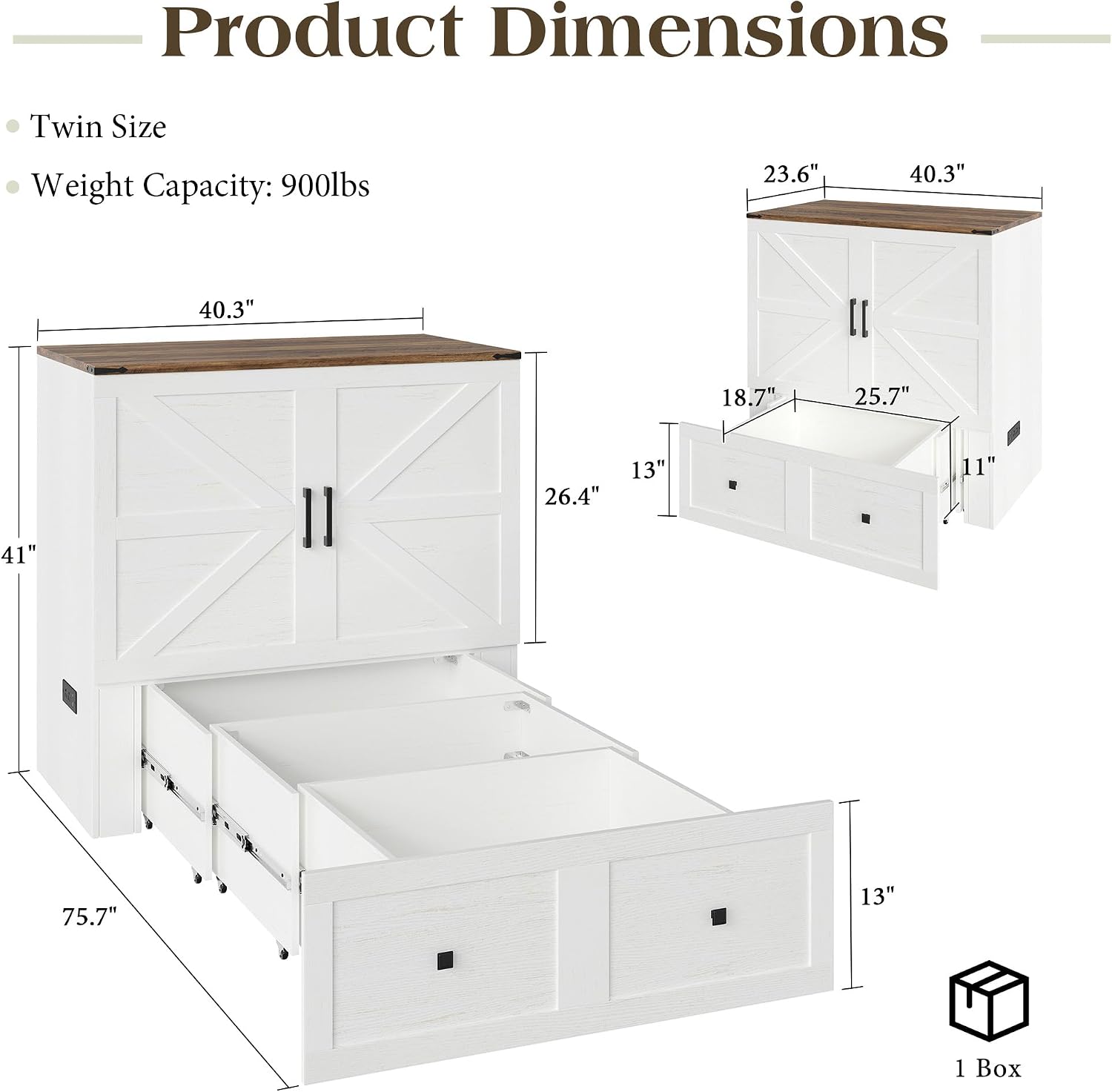 LUXOAK Twin Murphy Bed with Built-in Charging Station and Storage Drawer, Farmhouse Foldable Cabinet Bed for Guest Room, Apartment or Home Office, White