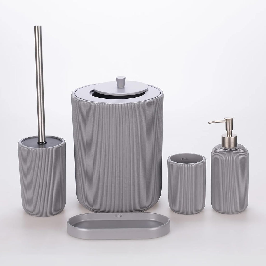 Lydia Collection 5-Piece Resin Bathroom Accessories Set – Toilet Brush Holder, Waste Bin, Soap Dispenser, Tray & Toothbrush Holder (Gray)
