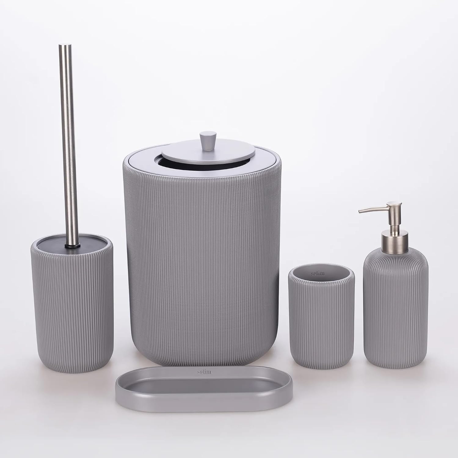 Lydia Collection 5-Piece Resin Bathroom Accessories Set – Toilet Brush Holder, Waste Bin, Soap Dispenser, Tray & Toothbrush Holder (Gray)