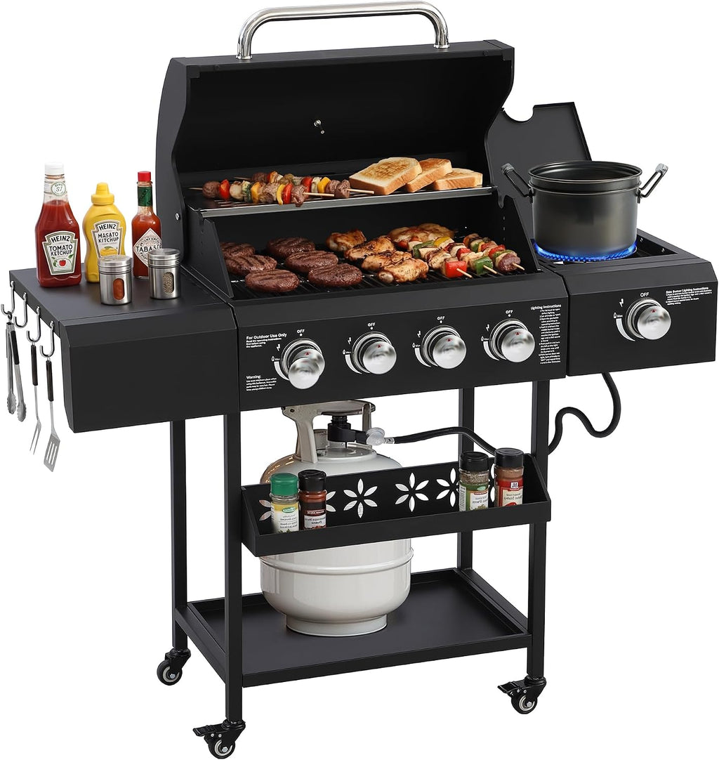 4-Burner Gas Grill with Side Burner, Outdoor BBQ Grill with Hooks, Built-In Thermometer, Stainless Steel Grate, 50000BTU Propane Grills W/Side Shelf for Outdoor Cooking & Patio Barbecue