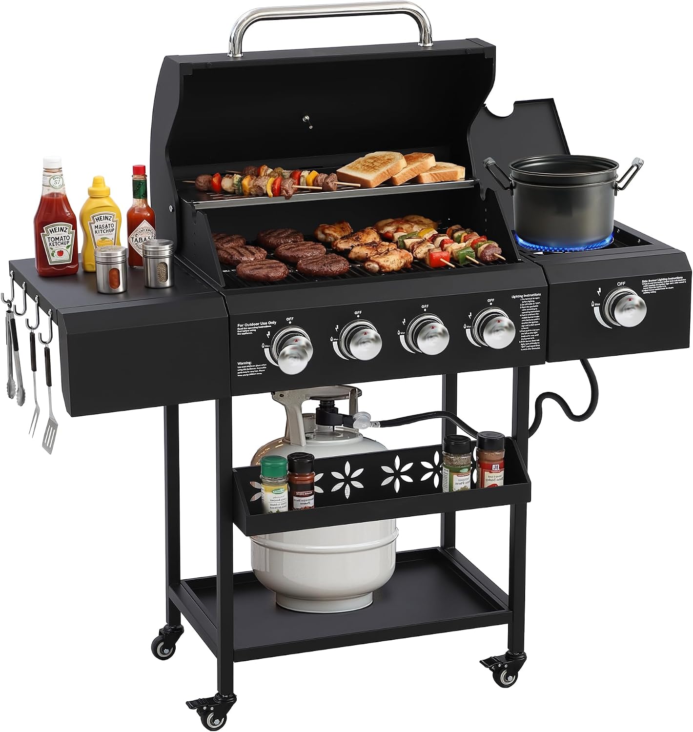 4-Burner Gas Grill with Side Burner, Outdoor BBQ Grill with Hooks, Built-In Thermometer, Stainless Steel Grate, 50000BTU Propane Grills W/Side Shelf for Outdoor Cooking & Patio Barbecue