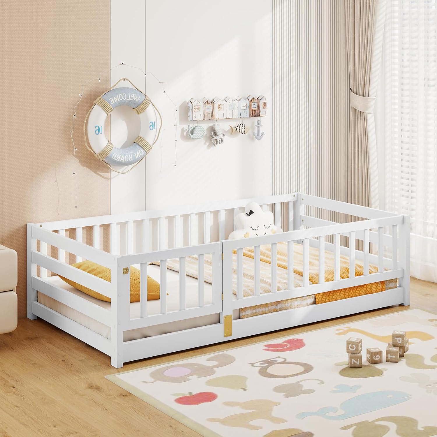 KOMFOTT Twin Size Wood Floor Bed with Door & 21.5' Fence, Montessori Bed Frame with Full Length Safety Guardrails, Door & Latch, Wooden Montessori Floor Bed for Kids, Girls, Boys