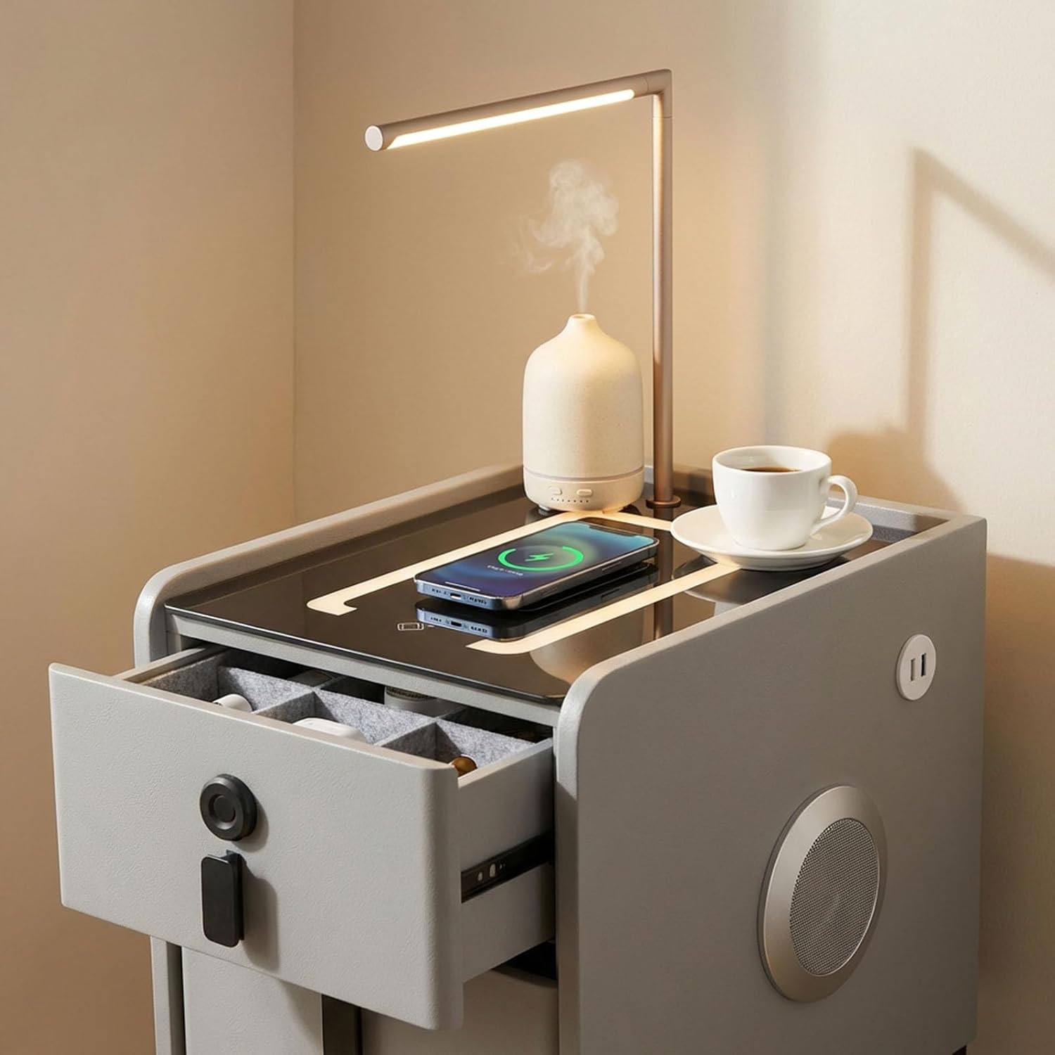 Night Stand Set 2, Grey Nightstand with Charging Station & Hutch, Night Stands for Bedrooms Set of 2, Bedside Table with Drawers and Bluetooth Speaker